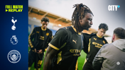 Promotional graphic featuring Tottenham Hotspur vs Manchester City, with players in Manchester City's pre-match attire, City+ branding, and match replay notice.