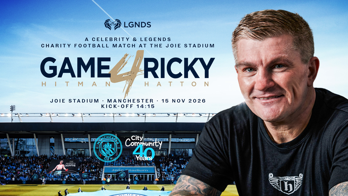 Poster for a charity football match titled 'Game4Ricky Hitman Hatton' at Joie Stadium, Manchester, on 15 Nov 2026. Features a person on the right and a stadium in the background.