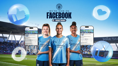 Manchester City women's team announces their presence on Facebook, featuring three players in home kits holding phones displaying the Facebook page.