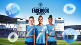 Manchester City women's team announces their presence on Facebook, featuring three players in home kits holding phones displaying the Facebook page.