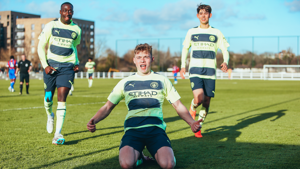 STORMING THE PALACE : Kian Breckin celebrates during City’s 5-0 win at high-flying Crystal Palace