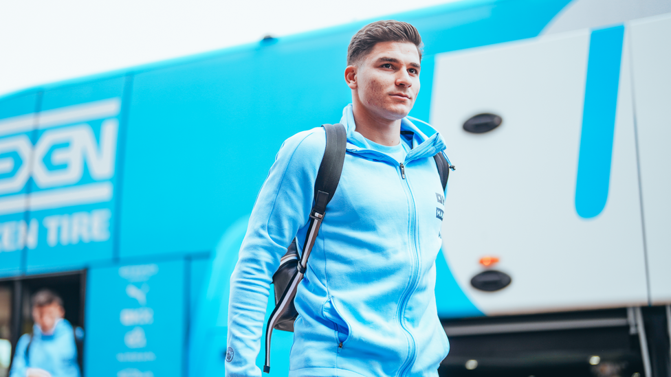 ALVAREZ ARRIVES : Julian makes his way into the stadium after being named in the starting XI.