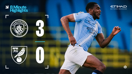 Image displaying the final score of a football match between Manchester City and Norwich City, with Manchester City winning 3-0. Includes Manchester City logo and blurred player.
