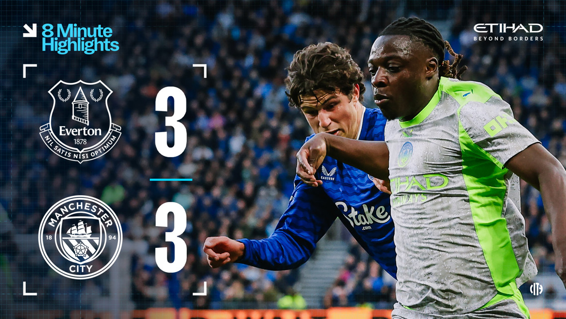 Everton vs Manchester City match graphic. Final score: 3-3. Features logos of both teams and the text '8 Minute Highlights.'