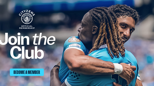 Promotional image for Manchester City's official membership program, featuring two players in blue uniforms embracing, with a Manchester City logo and a 'Join the Club' message.