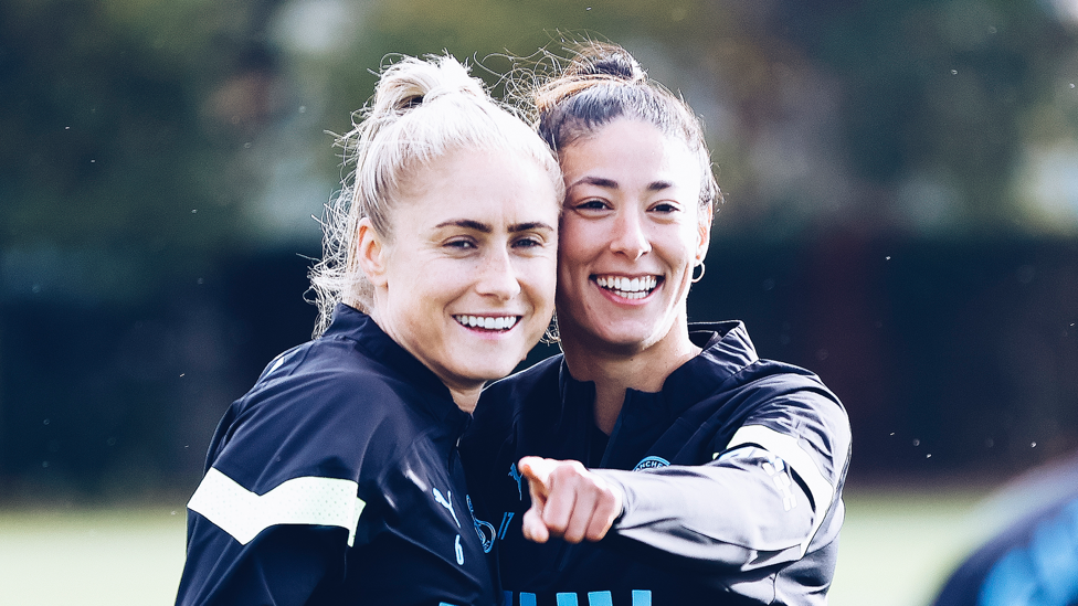 SAY CHEESE : Steph Houghton and Leila Ouahabi spot the camera