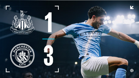 Scoreboard showing Newcastle United 1, Manchester City 3 with a player in a Manchester City jersey.