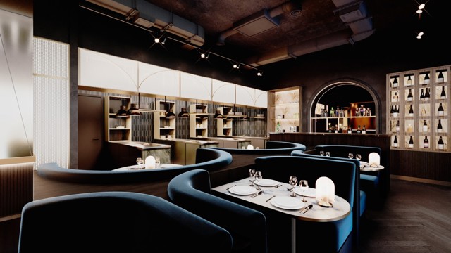 A modern restaurant interior with dark tones, featuring cozy blue booths, elegantly set tables with plates and glasses, soft lighting under semi-circular arches, and a wine display.
