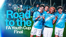 Four Manchester City youth players celebrate on a football field under 'Road to the FA Youth Cup Final' text.