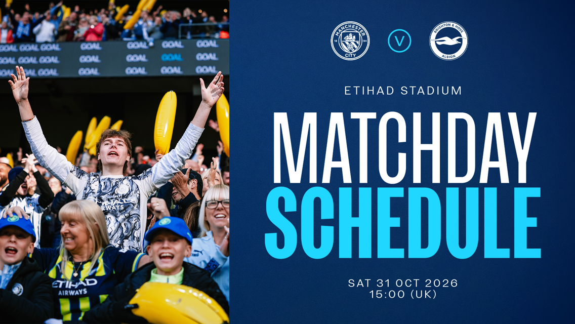 Matchday schedule announcing Manchester City vs Brighton & Hove Albion at Etihad Stadium on Sat 31 Oct 2026, 15:00 (UK).