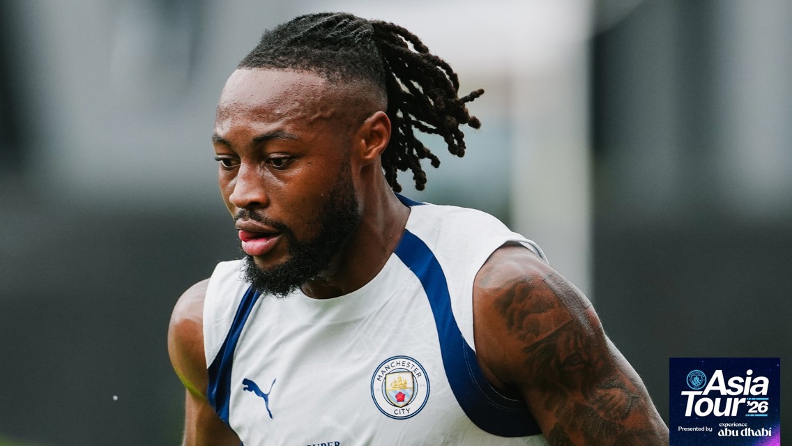 A Manchester City player in training gear during the Asia Tour '26, presented by Experience Abu Dhabi.