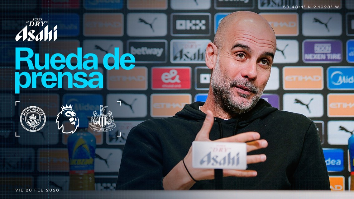 Press conference with logos of Manchester City and Newcastle United for a Premier League match on Friday, February 20, 2026.