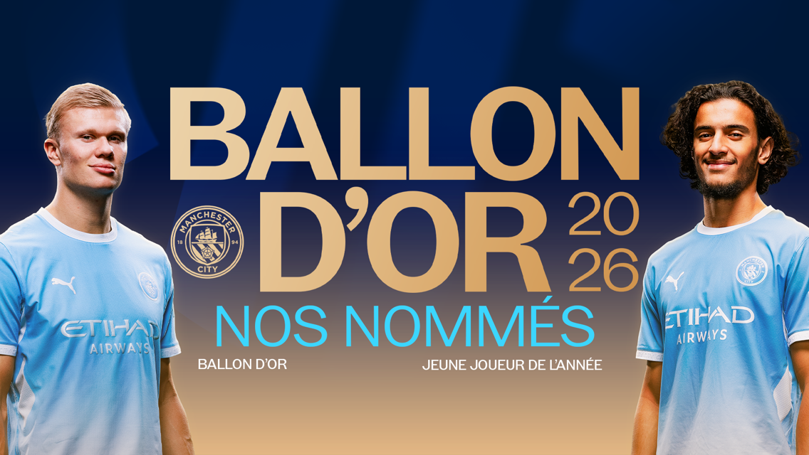 Two players in Manchester City jerseys are featured with text announcing Ballon d'Or 2026 nominees, one for Ballon d'Or and another for Young Player of the Year.