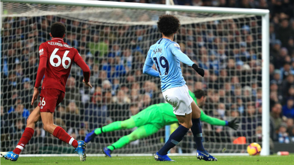 GOL EMAS: Leroy mencetak gol dalam laga krusial kami perburuan Liga Primer kami melawan Liverpool pada Januari 2019