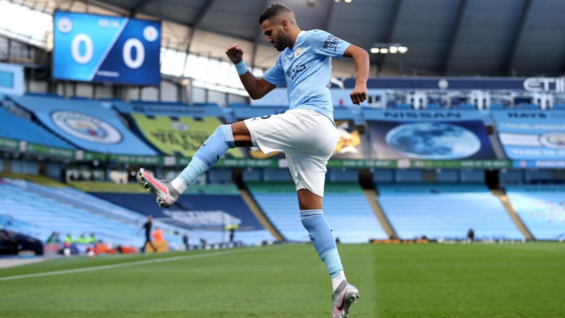 CELEBRATE: Mahrez shows his pleasure after blasting us ahead.