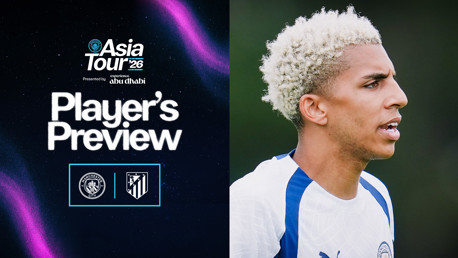 Image featuring a player's profile and text promoting the Asia Tour '26 with a Player's Preview between Manchester City and Atletico Madrid.