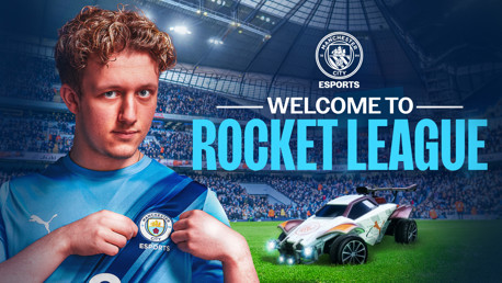 A Manchester City esports player holding the team's jersey, with a Rocket League car on the right and the text 'Welcome to Rocket League' in the background.