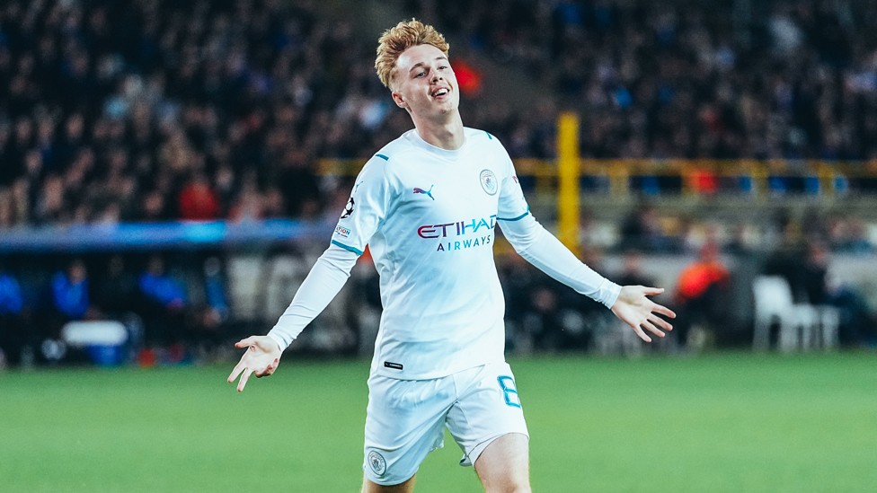 PALMER IMPACT : 19-year-old Cole Palmer celebrates his first Champions League goal in City’s 5-1 win away to Club Brugge, 19th October 2021.
