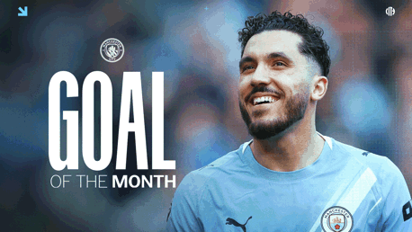 Manchester City's 'Goal of the Month' feature, highlighting a player in the team's kit.