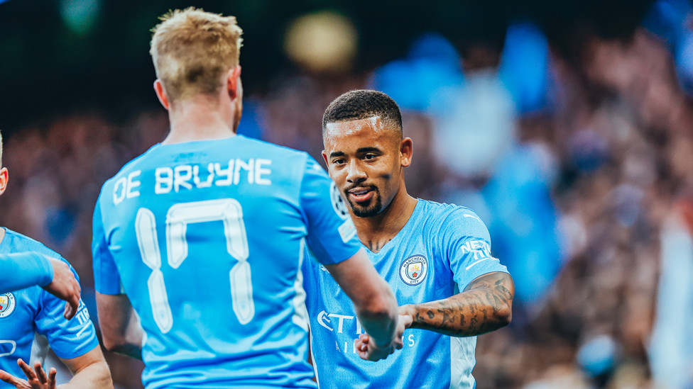 EARLY STRIKES : Gabby shows his love to Kevin, who set up the Brazilian. 