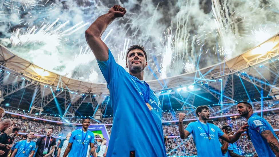 TOP OF THE WORLD : Rodri celebrates in Jeddah after City defeated Fluminense to lift the FIFA Club World Cup.