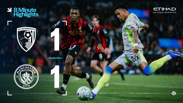 AFC Bournemouth 1-1 Manchester City match result with players in action on the field, showcasing highlights sponsored by Etihad.