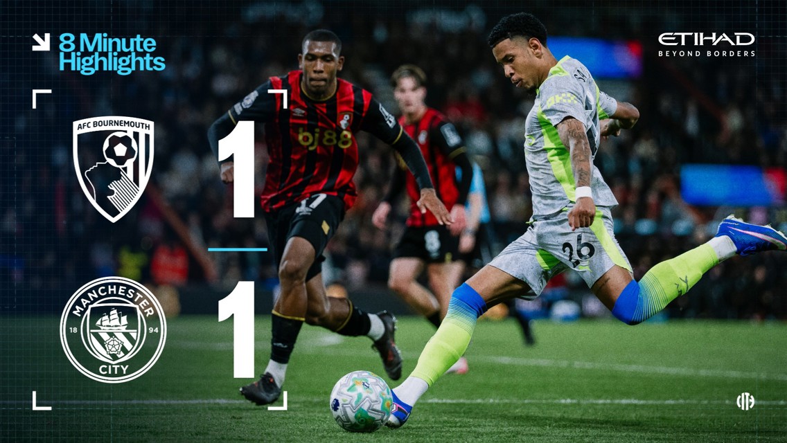 AFC Bournemouth 1-1 Manchester City match result with players in action on the field, showcasing highlights sponsored by Etihad.