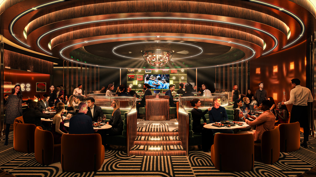 A modern restaurant interior with elegant lighting, central bar area, and patrons dining at tables. A large screen is displaying a football match.