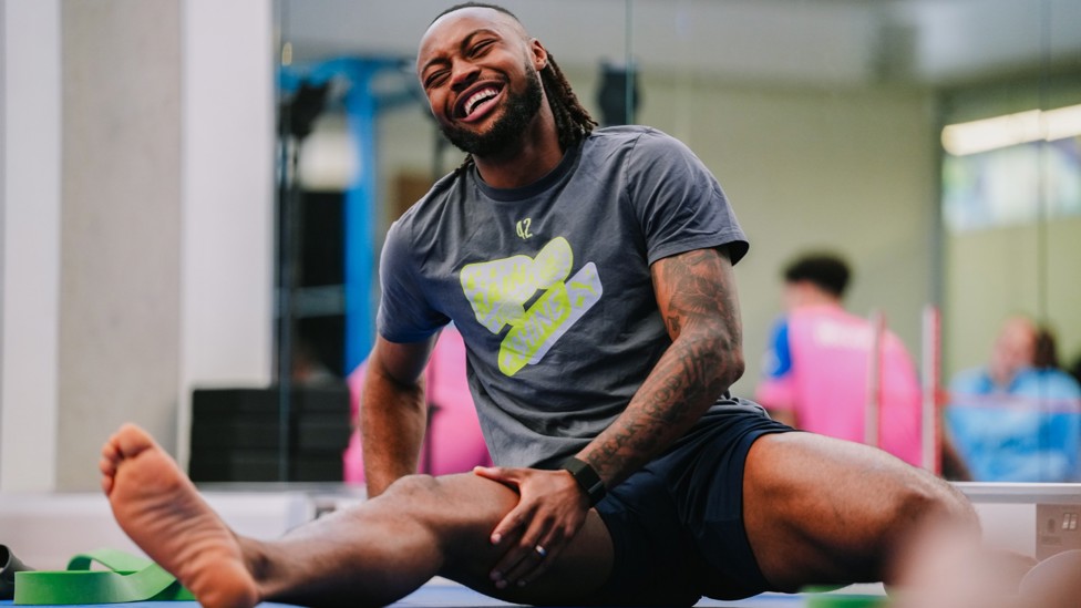 SEMENYO STRETCHING : Antione taking care of his body following Sunday's intense match. 