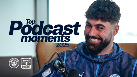 Text reading 'Top Podcast moments 2025' with Manchester City logos. A person in a Man City jersey is speaking with a microphone, but their face is blurred.