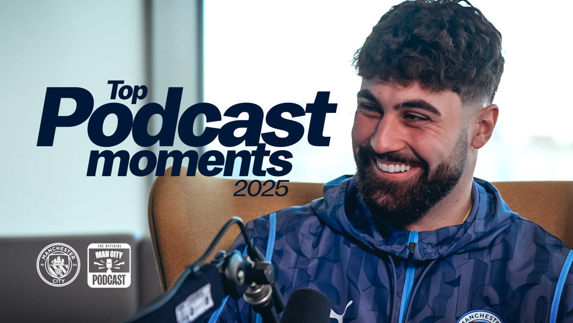 Text reading 'Top Podcast moments 2025' with Manchester City logos. A person in a Man City jersey is speaking with a microphone, but their face is blurred.