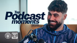 Text reading 'Top Podcast moments 2025' with Manchester City logos. A person in a Man City jersey is speaking with a microphone, but their face is blurred.