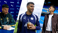 Collage of a football player in a Manchester City shirt signing a document, holding a traditional mate cup, and looking upwards on a stadium.