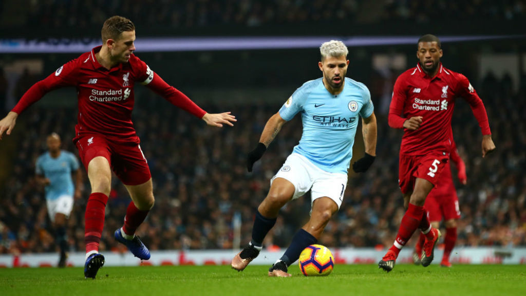 SILVER STREAK: Sergio Aguero runs at the Liverpool defence