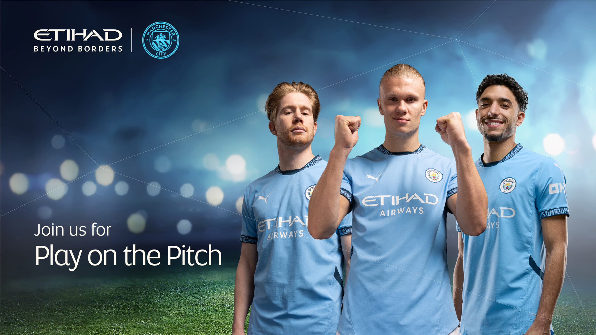 Three Manchester City players in team uniform pictured with hands raised over a stadium-like background with Etihad and Manchester City logos
