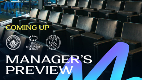 Image promoting a manager's preview for the UEFA Women's Champions League match between Manchester City and Paris Saint-Germain. Empty stadium seats are shown in the background.