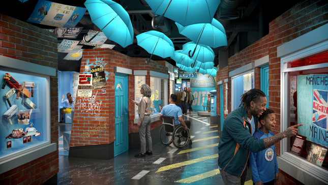 Museum exhibit featuring Manchester City football club items, blue umbrellas, posters, and visitors with children.