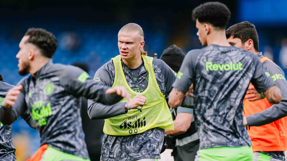 EAGER ERLING : Pre-match drills in full flow.