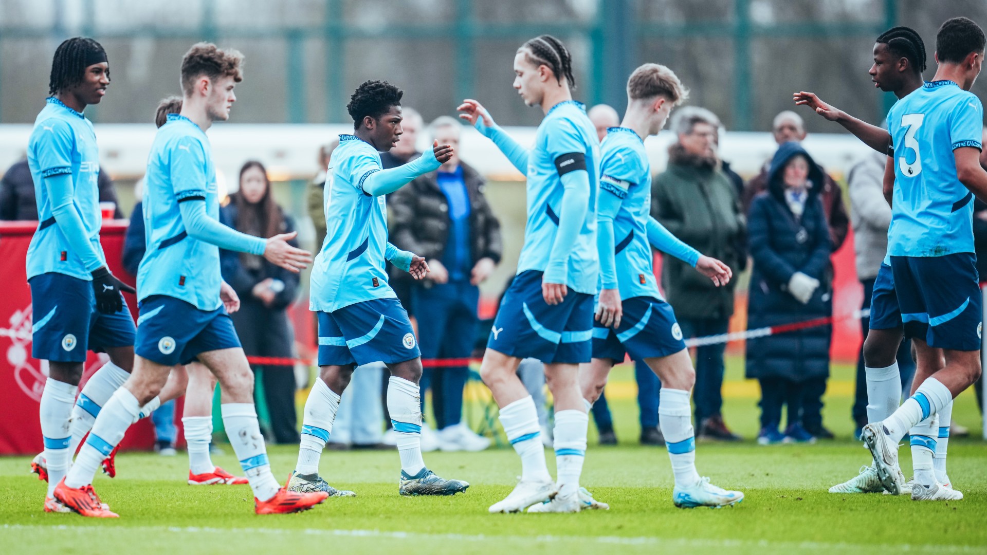 TOGETHER : Reiss's team celebrate our first goal of the game.