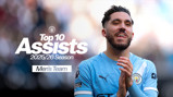 Blurred image of a Manchester City player in a blue shirt, labeled 'Top 10 Assists 2025/26 Season Men's Team' with Manchester City logo.