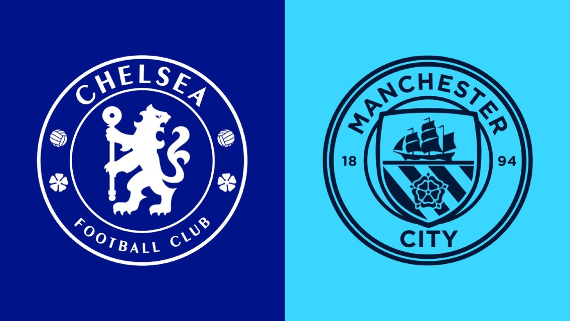 Split image of Chelsea and Manchester City football club logos on blue backgrounds.