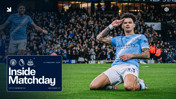 Soccer player from Manchester City celebrating on the field during a match against Newcastle on 21 February 2026, with promotional text for 'Inside Matchday'.