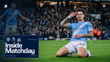 Soccer player from Manchester City celebrating on the field during a match against Newcastle on 21 February 2026, with promotional text for 'Inside Matchday'.