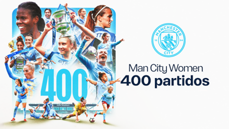 Celebratory image for Manchester City Women's 400 matches featuring players and the Man City logo.