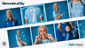 Photo collage announcing a transfer to Manchester City Women's team featuring a player in the Manchester City kit. Text reads 'Bienvenida al City' and 'Beth Mead'.