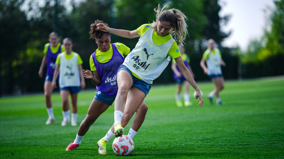 ON THE BALL : Laia Aleixandri is challenged by Sacha Lewis