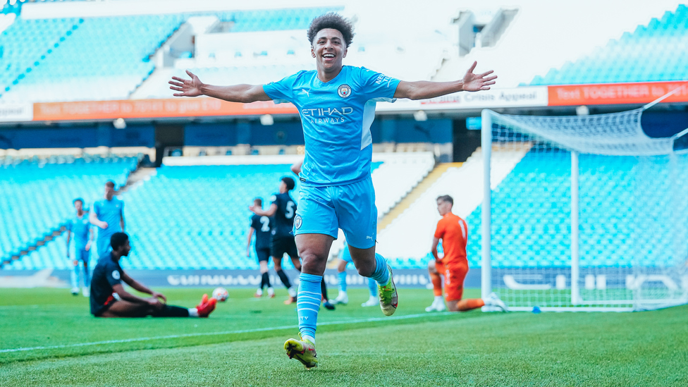 FITTING FINALE : Rico Lewis celebrates putting City two goals to the good in a 7-0 final day win over Everton | 29 April 2022.