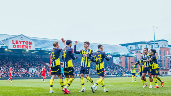 Manchester City's players celebrate after Kevin De Bruyne's goal makes it 2-1 in the FA Cup fourth round tie against Leyton Orient.