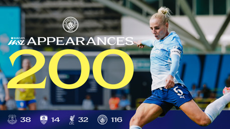A Manchester City female player is depicted kicking a ball. The image celebrates 200 appearances in the Women's Super League, with a breakdown of appearances: Everton 38, Notts County 14, Liverpool 32, and Manchester City 116.
