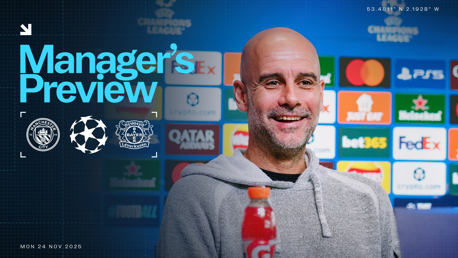 A promotional image for a Champions League match preview between Manchester City and Bayer Leverkusen, featuring a blurred image of a manager at a press conference.